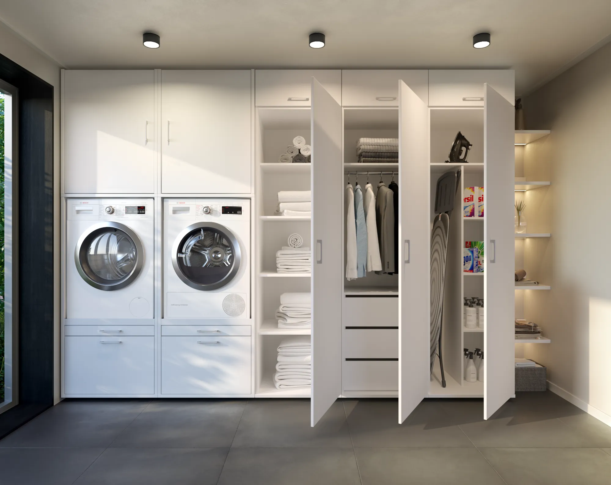 Vollständig geöffnete weisse Washtower Schrankwand mit Geräten, Waschmitteln, Wäsche und Bügelbrett