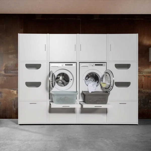 Washtower Modul mit Waschmaschine, Tumbler und Stauraum